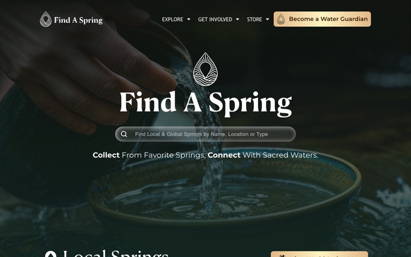The redesigned Find A Spring homepage on staging: “Collect from favorite springs, connect with sacred waters.”